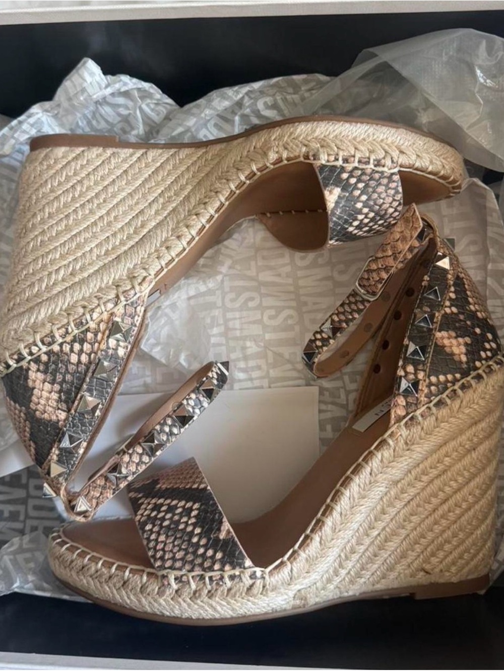 Steven By Steve Madden Snake-Print Espadrille Wedges in Taupe and Black
